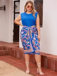 SHEIN VCAY Plus Shoulder Pad Tank Top - Blue - View 1