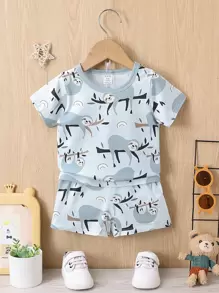 Baby Boy Cartoon Sloth Graphic Tee & Shorts - Grey - View 1