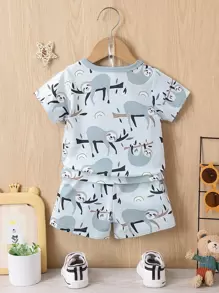 Baby Boy Cartoon Sloth Graphic Tee & Shorts - Grey - View 2