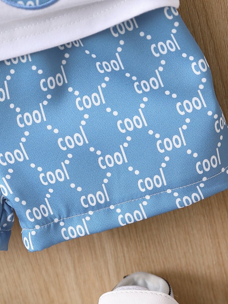 Conjunto de camiseta y shorts de verano para bebé niño con estampado de oso y letras, informal - Azul y blanco - Ver 5