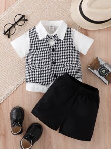 Baby Boy Houndstooth Print Vest Jacket & Bow Front Shirt & Shorts - Black and White - View 1