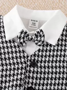 Baby Boy Houndstooth Print Vest Jacket & Bow Front Shirt & Shorts - Black and White - View 4