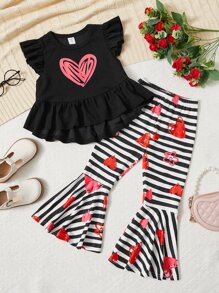 SHEIN Toddler Girls Heart Print Ruffle Hem Top & Striped Flare Leg Trousers - Multicolor - View 1