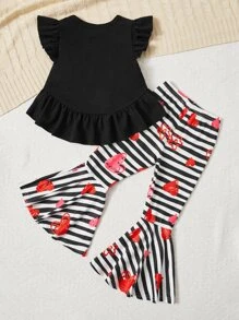 SHEIN Toddler Girls Heart Print Ruffle Hem Top & Striped Flare Leg Trousers - Multicolor - View 2