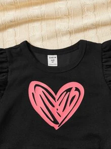 SHEIN Toddler Girls Heart Print Ruffle Hem Top & Striped Flare Leg Trousers - Multicolor - View 5