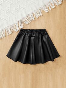 SHEIN Leap Crew 小女孩纽扣细节 PU 皮革喇叭裙 女童黑色裙子 女童皮裙 儿童黑色裙子 儿童皮裙 - 黑色 - 查看 2