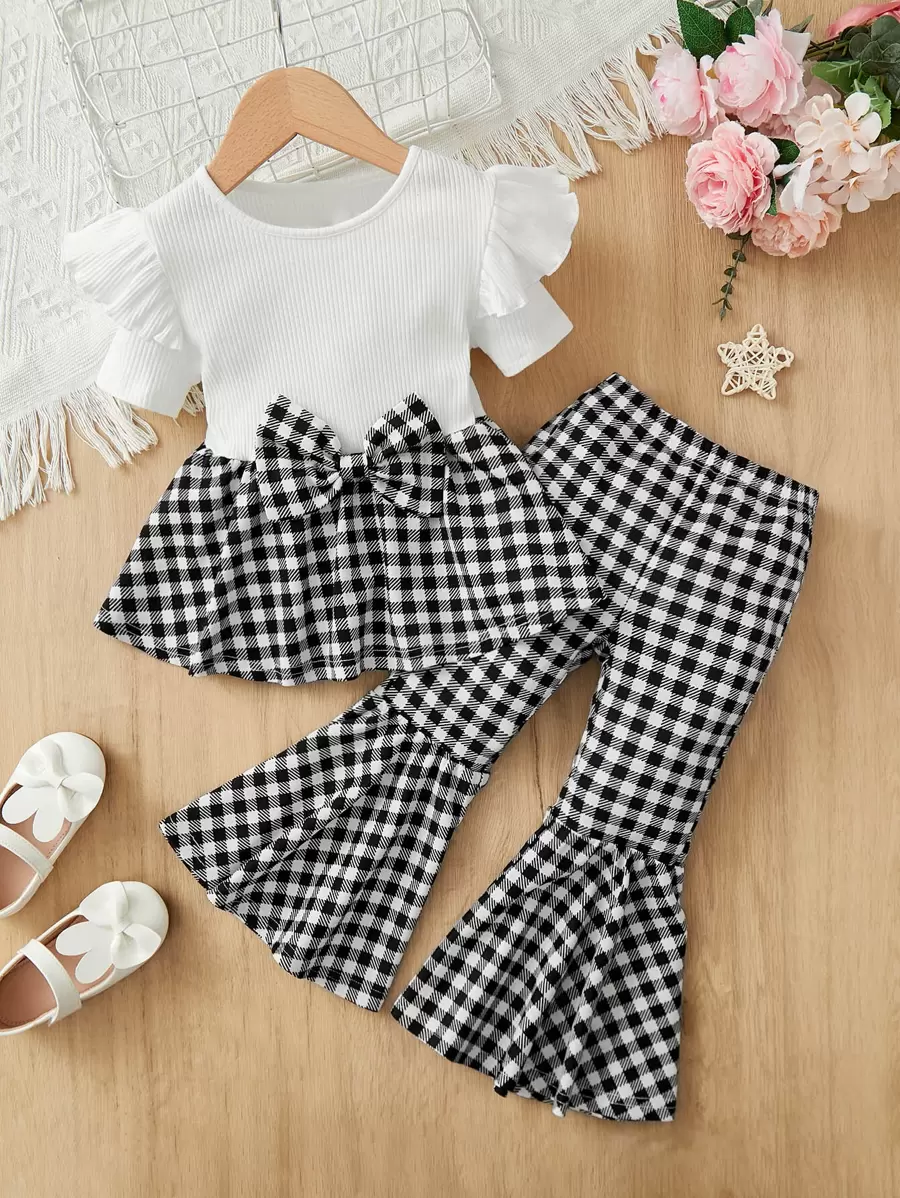 SHEIN 小女童格子圖案荷葉邊前蝴蝶結上衣和喇叭褲 - 黑與白 - 查看 1
