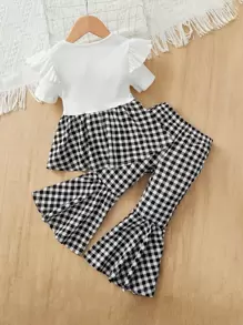 SHEIN 小女童格子圖案荷葉邊前蝴蝶結上衣和喇叭褲 - 黑與白 - 查看 2