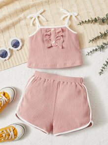 SHEIN Toddler Girls Ruffle Trim Contrast Binding Cami Top & Shorts - Coral Pink - View 1