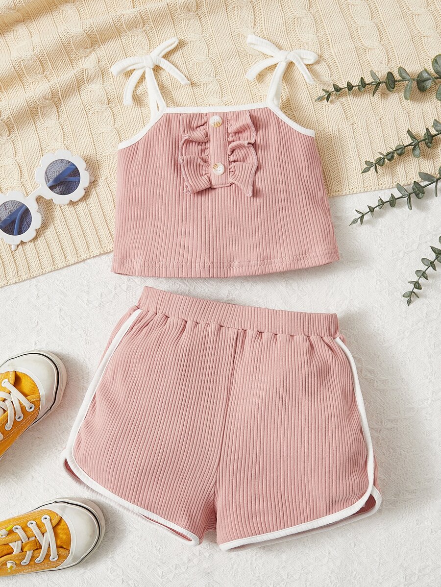 SHEIN Toddler Girls Ruffle Trim Contrast Binding Cami Top & Shorts - Coral Pink - View 1