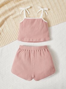 SHEIN Toddler Girls Ruffle Trim Contrast Binding Cami Top & Shorts - Coral Pink - View 2