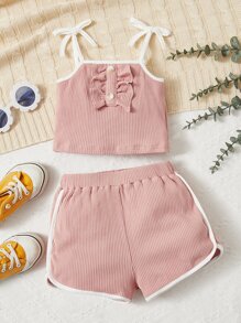 SHEIN Toddler Girls Ruffle Trim Contrast Binding Cami Top & Shorts - Coral Pink - View 3