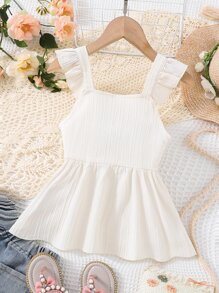 Chicas Top de tirantes peplum con bordado floral ribete con fruncido - Beis - Ver 2