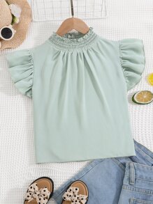 Chicas Blusa ribete fruncido de manga con volante de cuello alto - verde menta - Ver 1