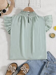 Chicas Blusa ribete fruncido de manga con volante de cuello alto - verde menta - Ver 2