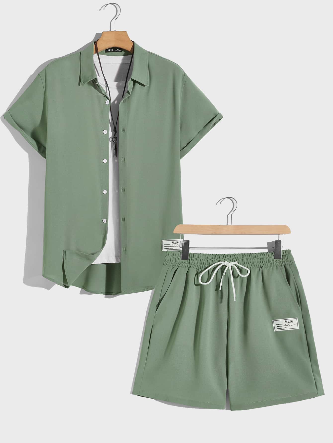 Manfinity Men Letter Patched Shirt & Shorts Without Tee - Mint Green - View 1