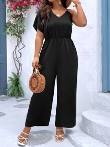 SHEIN Holidaya Mono de pierna ancha de cuello asimétrico - Negro - Ver 6