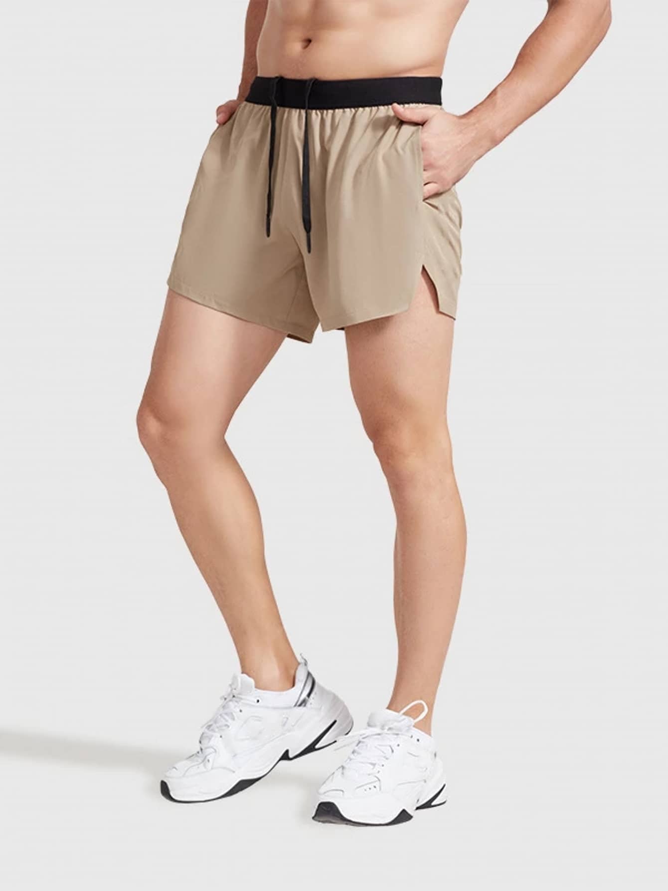 Men Drawstring Waist Slant Pocket Sports Shorts With Towel Loop - Khaki - View 1