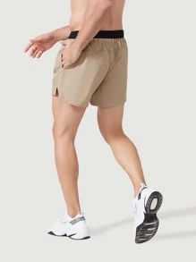 Men Drawstring Waist Slant Pocket Sports Shorts With Towel Loop - Khaki - View 4