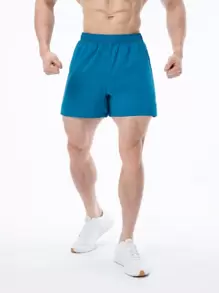 Men Drawstring Waist Slit Hem Sports Shorts - Blue - View 4