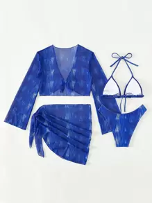 SHEIN Swim Summer Beach Allover Print Triangle Bikini Set With Cover Up Set - Royal Blue - View 2