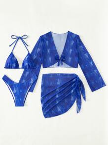 SHEIN Swim Summer Beach Allover Print Triangle Bikini Set With Cover Up Set - Royal Blue - View 4