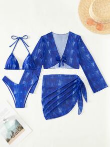 SHEIN Swim Summer Beach Allover Print Triangle Bikini Set With Cover Up Set - Royal Blue - View 5