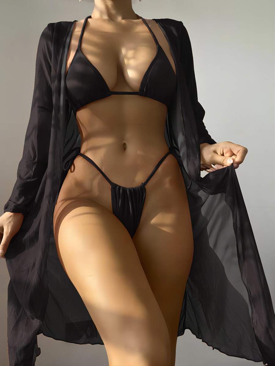 3packs Plain Halter Summer Beach Bikini Set & Kimono - Black - View 1