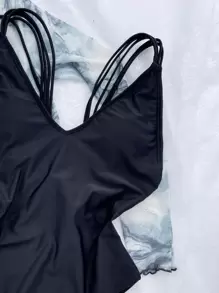 鏤空露背連體泳衣 - 黑色 - 查看 5