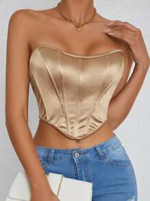 SHEIN Unity Top bandeau sin mangas con bajo asimétrico de unicolor para mujer - Caqui - Ver 1