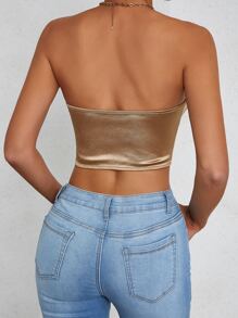 SHEIN Unity Top bandeau sin mangas con bajo asimétrico de unicolor para mujer - Caqui - Ver 2