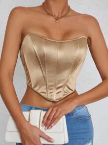 SHEIN Unity Top bandeau sin mangas con bajo asimétrico de unicolor para mujer - Caqui - Ver 4