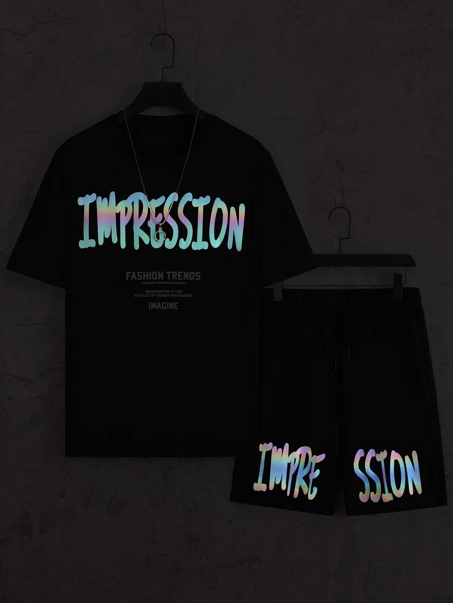 Manfinity Men Reflective Letter Graphic Tee & Shorts - Black - View 1