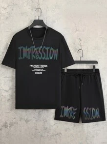 Manfinity Men Reflective Letter Graphic Tee & Shorts - Black - View 3
