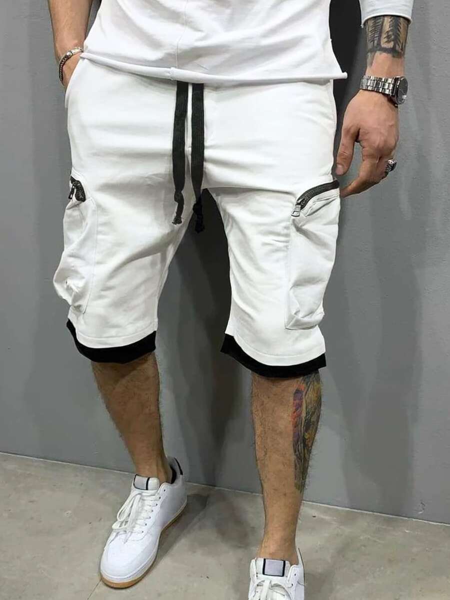 Manfinity Homme Men's Loose Fit Shorts With Drawstring Waist And Contrast Trim Zipper Pockets - White - View 1