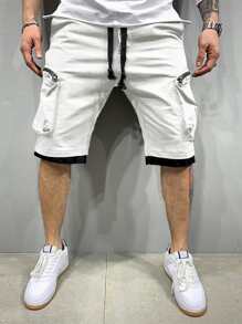 Manfinity Homme Men's Loose Fit Shorts With Drawstring Waist And Contrast Trim Zipper Pockets - White - View 5