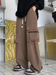 Manfinity Hombres Pantalones cargo de cintura con cordón - Caqui - Ver 4