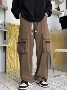 Manfinity Hombres Pantalones cargo de cintura con cordón - Caqui - Ver 1