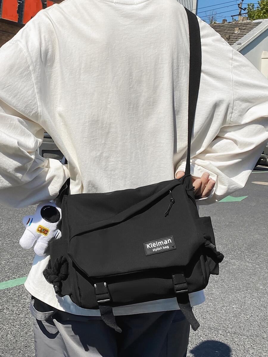 College Style Messenger Bag With Pendant, Waterproof, Large Capacity, Multi-Pocket, Flap Cover, Zipper Closure, Lightweight, Foldable, Suitable For Middle/High School, University Students, & Versatile For Men & Women Shopping Bag Canvas Tote Bag - Black - View 1