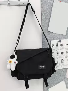 College Style Messenger Bag With Pendant, Waterproof, Large Capacity, Multi-Pocket, Flap Cover, Zipper Closure, Lightweight, Foldable, Suitable For Middle/High School, University Students, & Versatile For Men & Women Shopping Bag Canvas Tote Bag - Black - View 2