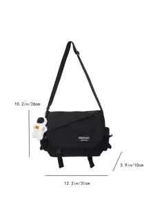 College Style Messenger Bag With Pendant, Waterproof, Large Capacity, Multi-Pocket, Flap Cover, Zipper Closure, Lightweight, Foldable, Suitable For Middle/High School, University Students, & Versatile For Men & Women Shopping Bag Canvas Tote Bag - Black - View 3