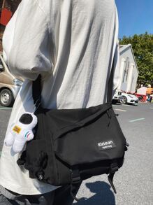 College Style Messenger Bag With Pendant, Waterproof, Large Capacity, Multi-Pocket, Flap Cover, Zipper Closure, Lightweight, Foldable, Suitable For Middle/High School, University Students, & Versatile For Men & Women Shopping Bag Canvas Tote Bag - Black - View 4