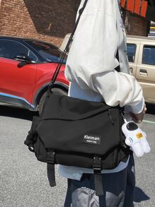 College Style Messenger Bag With Pendant, Waterproof, Large Capacity, Multi-Pocket, Flap Cover, Zipper Closure, Lightweight, Foldable, Suitable For Middle/High School, University Students, & Versatile For Men & Women Shopping Bag Canvas Tote Bag - Black - View 5