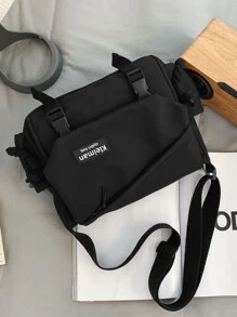 College Style Messenger Bag With Pendant, Waterproof, Large Capacity, Multi-Pocket, Flap Cover, Zipper Closure, Lightweight, Foldable, Suitable For Middle/High School, University Students, & Versatile For Men & Women Shopping Bag Canvas Tote Bag - Black - View 7