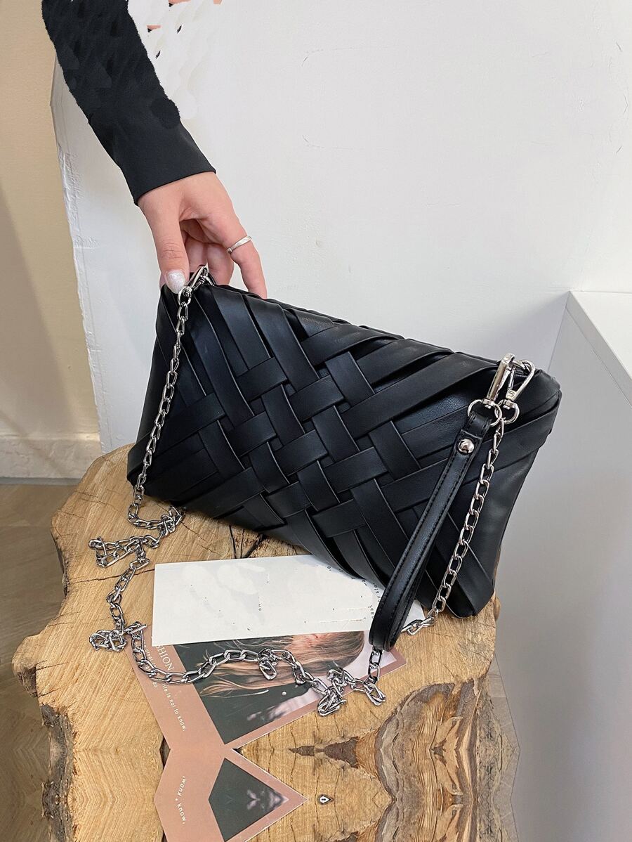 Weave Detail Chain Square Bag - Black - View 1