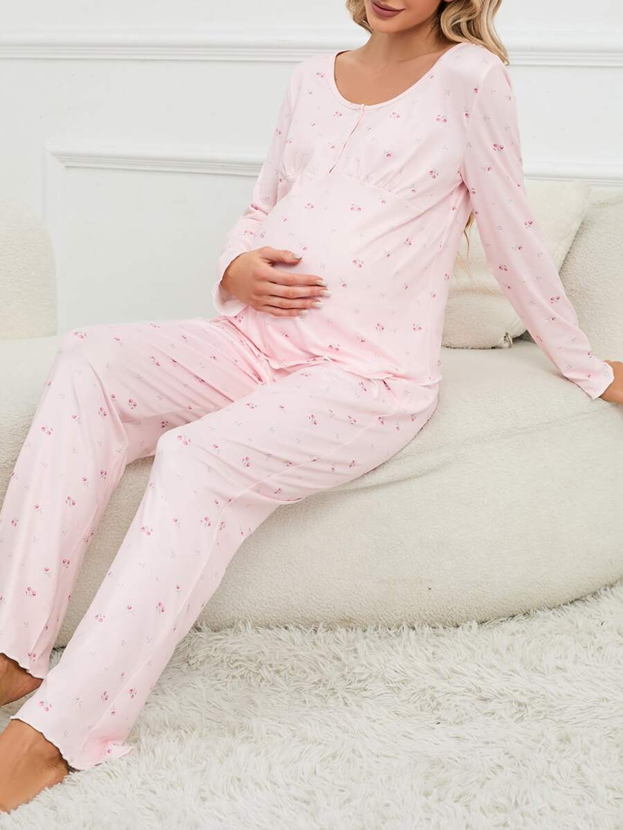 SHEIN Maternity Cherry Print Lettuce Trim Nursing PJ Set - Baby Pink - View 1