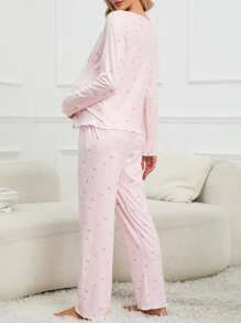 SHEIN Maternity Cherry Print Lettuce Trim Nursing PJ Set - Baby Pink - View 2