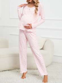 SHEIN Maternity Cherry Print Lettuce Trim Nursing PJ Set - Baby Pink - View 3