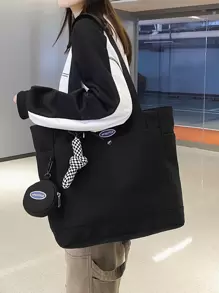 2pcs Set: Large Capacity Waterproof Tote Bag With Coin Purse, Casual And Versatile Commuter Shoulder Bag, School Backpack For College Students - Black - View 1