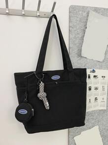 2pcs Set: Large Capacity Waterproof Tote Bag With Coin Purse, Casual And Versatile Commuter Shoulder Bag, School Backpack For College Students - Black - View 3